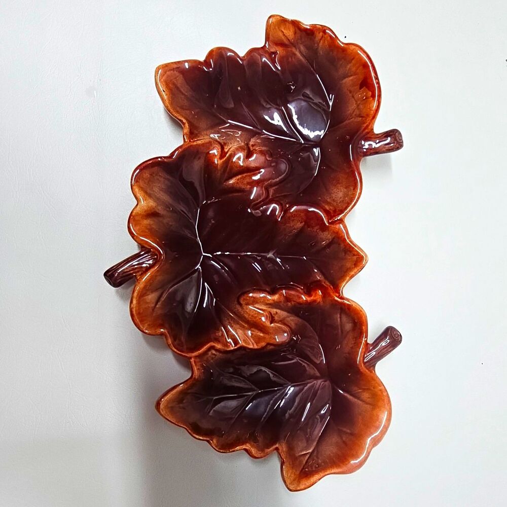 Brown Ceramic Leaf Shaped Divided Bowl Triple Section Glossy Finish